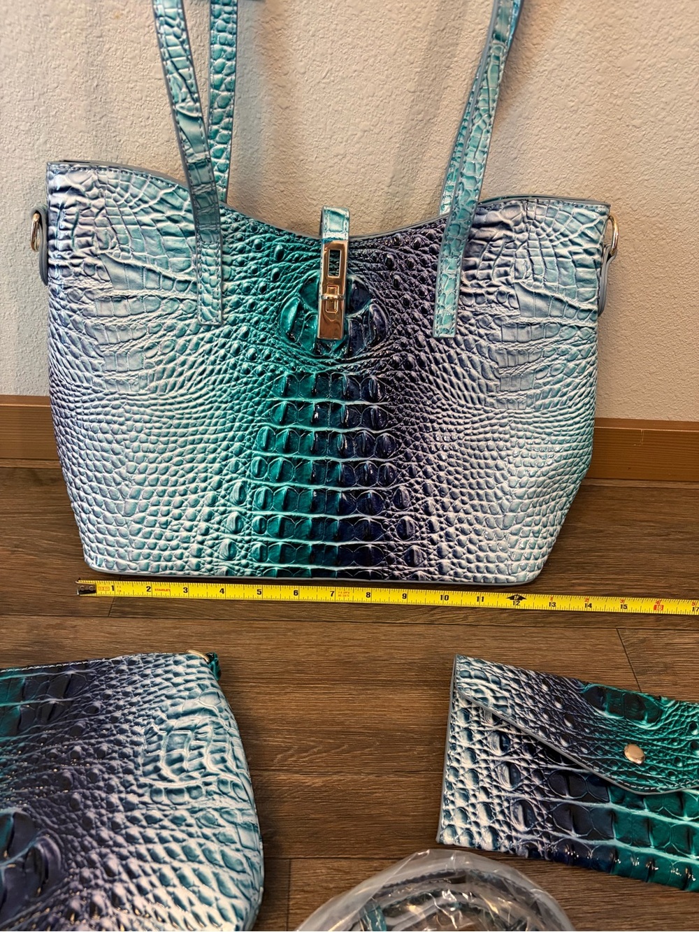 3 Piece Blue Ombré Faux Crocodile Purse, Wallet & Small Bag w/ Crossbody Strap - Picture 2 of 8
